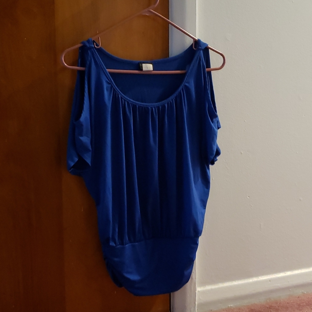 Blue knit cold shoulder top